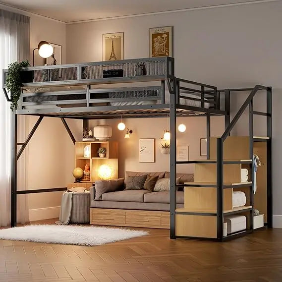 Queen Metal Loft Bed with Storage Stairs – Space-Saving Frame with Shelves & Under-Bed Storage Area