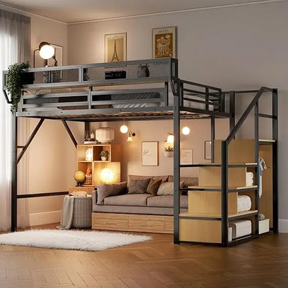 Queen Metal Loft Bed with Storage Stairs – Space-Saving Frame with Shelves & Under-Bed Storage Area