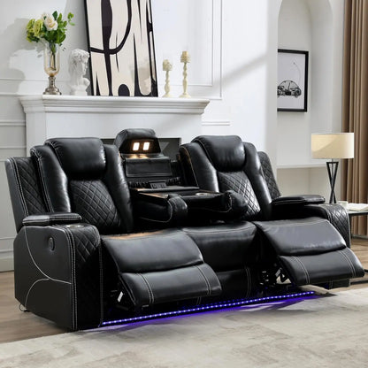 Power Reclining Sofa with Wireless Charger & LED Lights – Modern Living Room Couch with USB Ports & Cup Holders