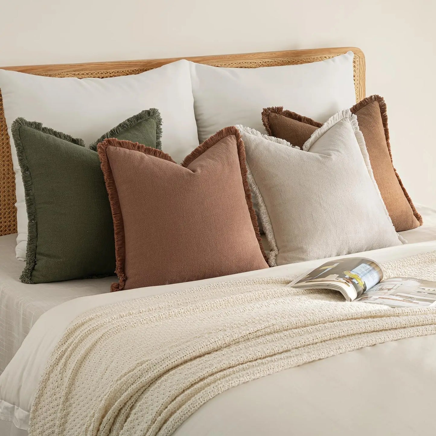 Decorative Couch Pillow Covers Neutral Linen Fringe Throw Pillows Set of 4 Soft Rustic Cushions Boho Farmhouse Pillowcases for Bed Sofa Living Room Spring Decor 18x18 Inch Beige/Brown/Green