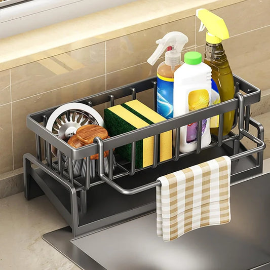 Carbon Steel Kitchen Sink Organizer – Compact Countertop Storage Rack with Drain Tray and Utensil Holder