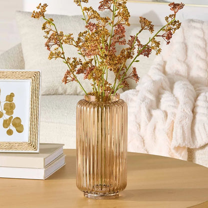 Ribbed Glass Vase Decorative Home Accent Elegant Cylinder Design 10 Inch Lightweight Washable