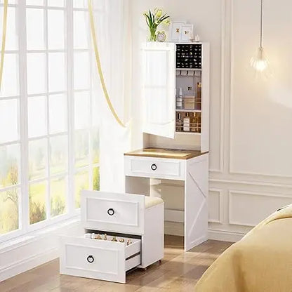 Compact Vanity Desk with Illuminated Mirror & Charging Station – Modern Makeup Table with Storage for Bedroom