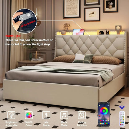 Upholstered Queen Platform Bed with Charging Station – Modern Headboard with USB Ports & Storage