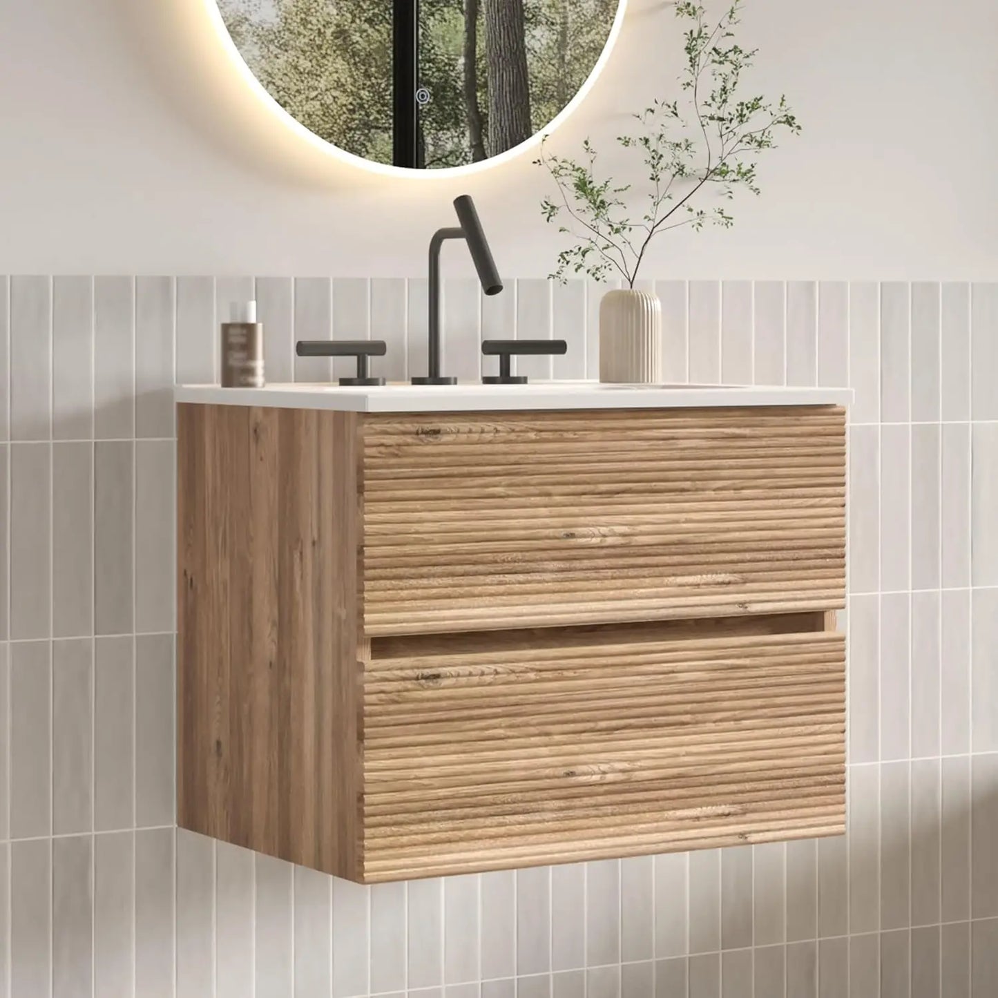 24" Wall Mount Vanity with Ceramic Sink – Modern Floating Bathroom Cabinet in Walnut & Black Finish