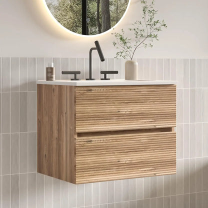 24" Wall Mount Vanity with Ceramic Sink – Modern Floating Bathroom Cabinet in Walnut & Black Finish