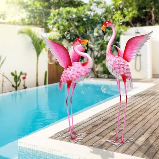 Flamingo Garden Statues Set of 2 – Metal Outdoor Yard Decor for Lawn, Patio or Backyard
