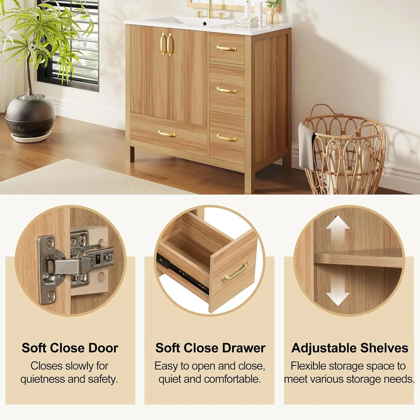 36" Bathroom Vanity with Ceramic Sink – Natural Wood Floating Style Cabinet with Modern Storage
