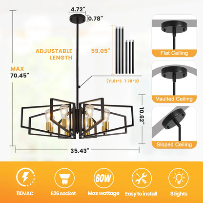 8-Light Geometric Chandelier Black Frame Golden Accents