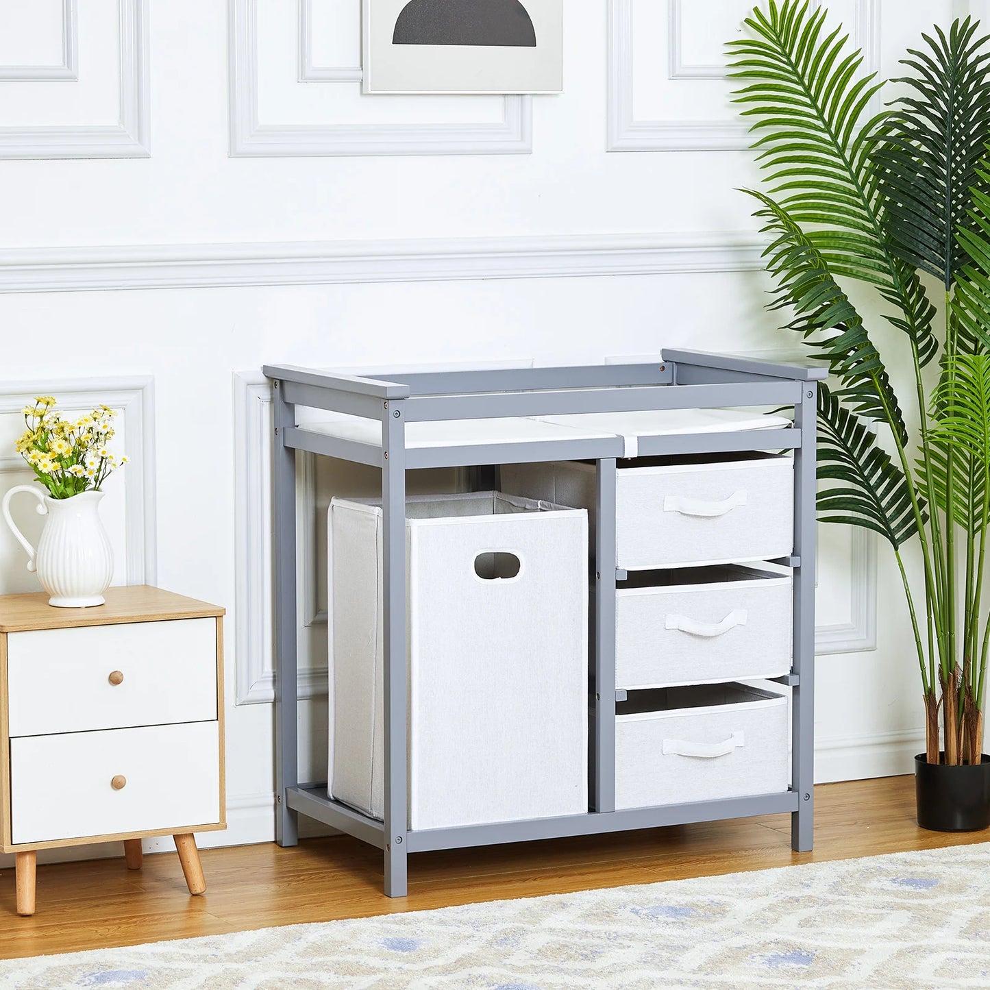 Baby Changing Table Dresser with Laundry Hamper – Multi-Storage Nursery Station with Drawers & Organizer Baskets