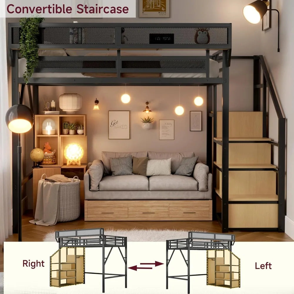 Queen Metal Loft Bed with Storage Stairs – Space-Saving Frame with Shelves & Under-Bed Storage Area
