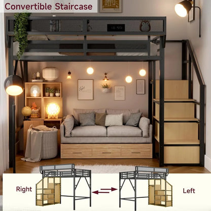 Queen Metal Loft Bed with Storage Stairs – Space-Saving Frame with Shelves & Under-Bed Storage Area