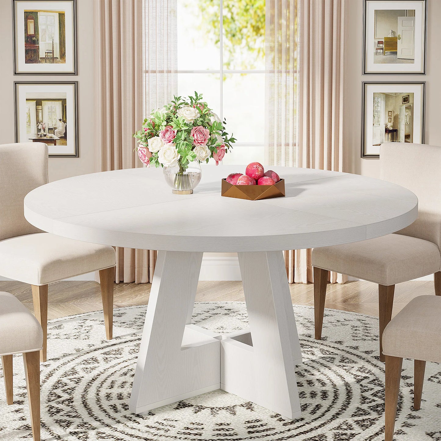 Round Farmhouse Dining Table – Rustic Kitchen Dinette Table for Small Space Dining & Everyday Meals