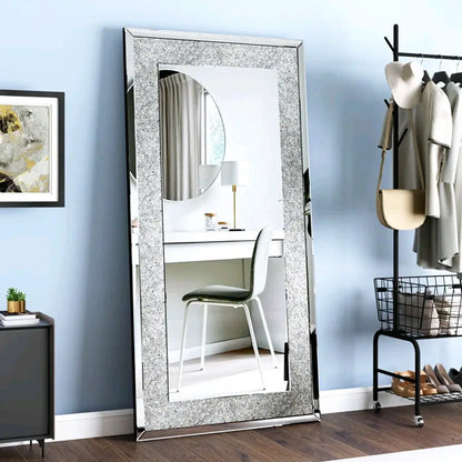 Large Silver Rhinestone Frameless Mirror – Sparkly Crystal Wall Decor for Bedroom, Living Room & Vanity
