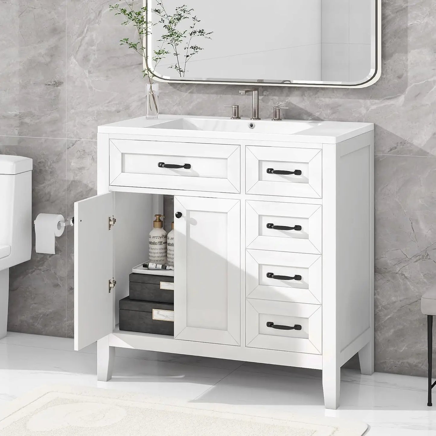 36" Bathroom Vanity with Ceramic Sink – Natural Wood Floating Style Cabinet with Modern Storage