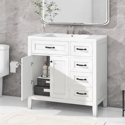 36" Bathroom Vanity with Ceramic Sink – Natural Wood Floating Style Cabinet with Modern Storage