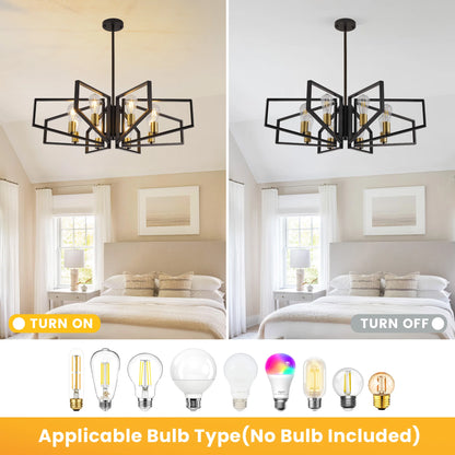 8-Light Geometric Chandelier Black Frame Golden Accents
