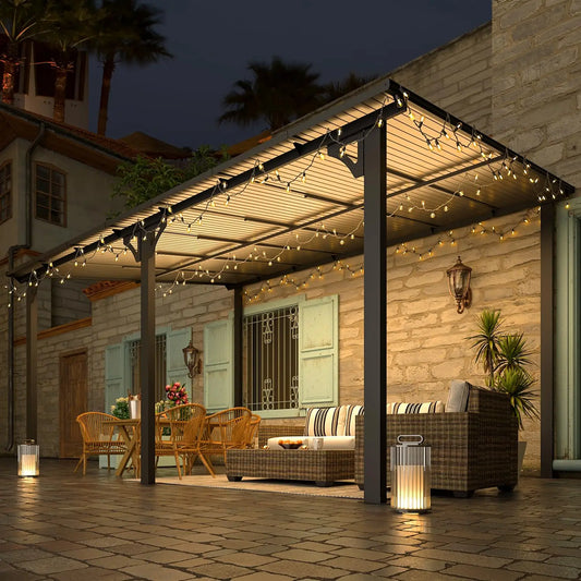 Hard Top Lean-To Gazebo Pergola – Wall-Mounted Steel Roof Patio Cover for Backyard & Outdoor Living