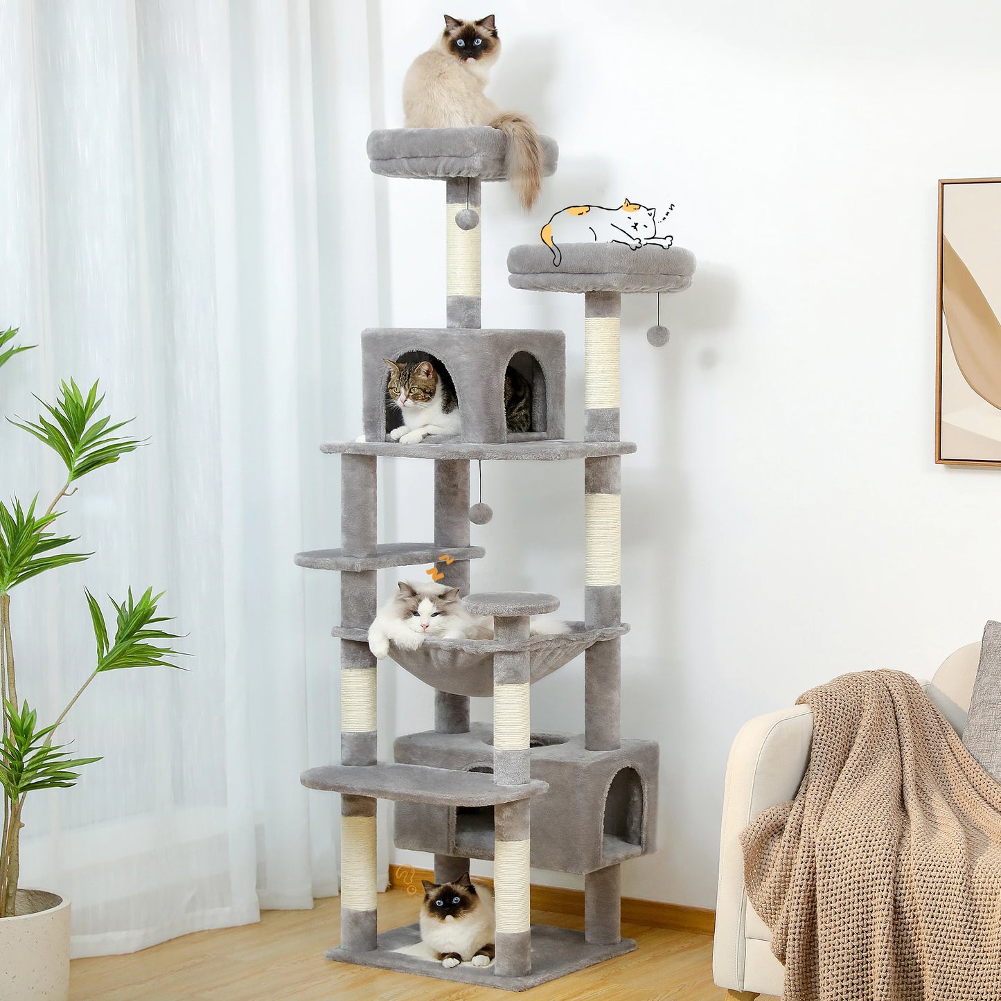 Large Cat Tree Tower with Hammock, Padded Perches & Condos