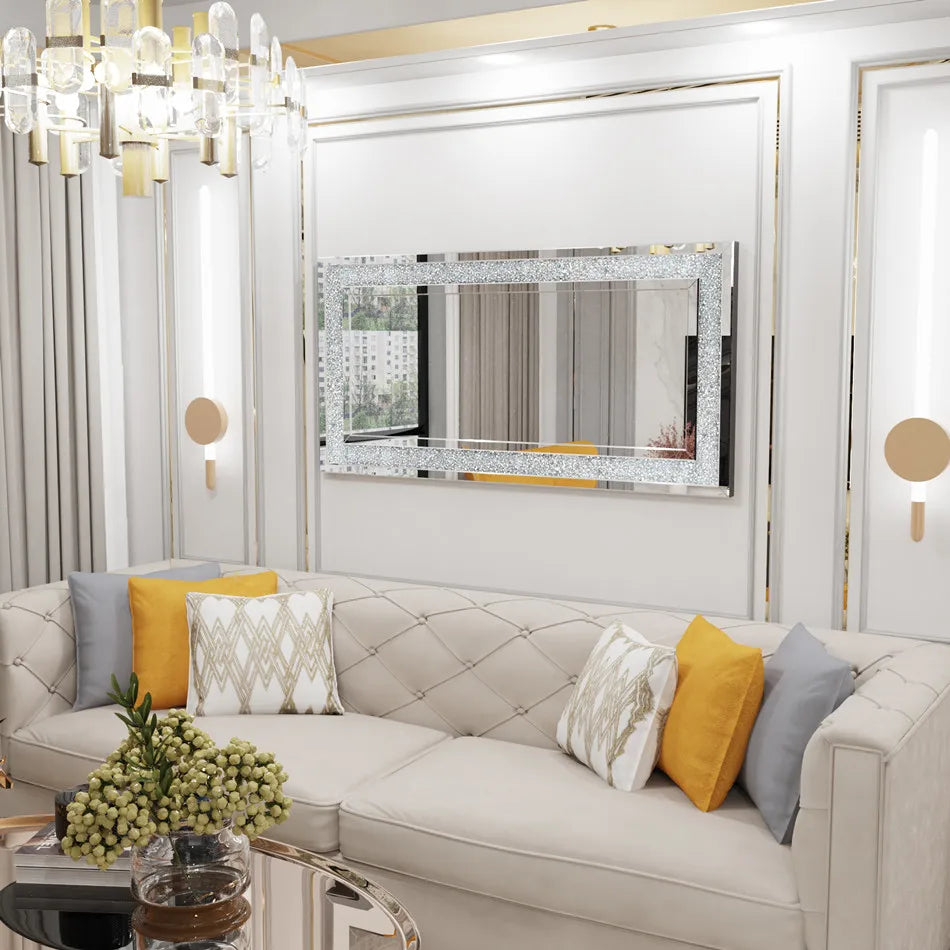 Large Silver Rhinestone Frameless Mirror – Sparkly Crystal Wall Decor for Bedroom, Living Room & Vanity