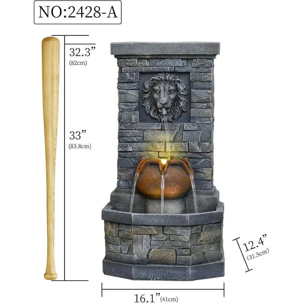 Lion Head Garden Fountain with LED Lights – Wall Mounted Stone Outdoor Water Feature for Patio & Backyard