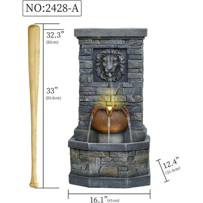 Lion Head Garden Fountain with LED Lights – Wall Mounted Stone Outdoor Water Feature for Patio & Backyard