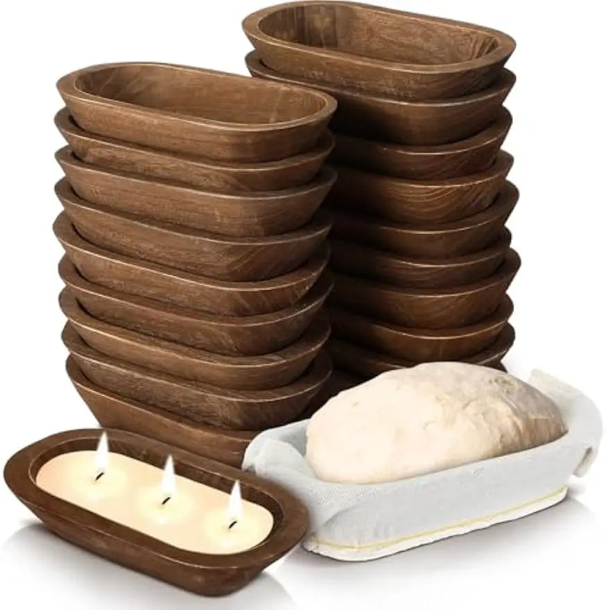 20 Piece Wooden Dough Bowl Set – Rustic Hand Carved Farmhouse Bowls for DIY Crafts, Decor and Centerpieces