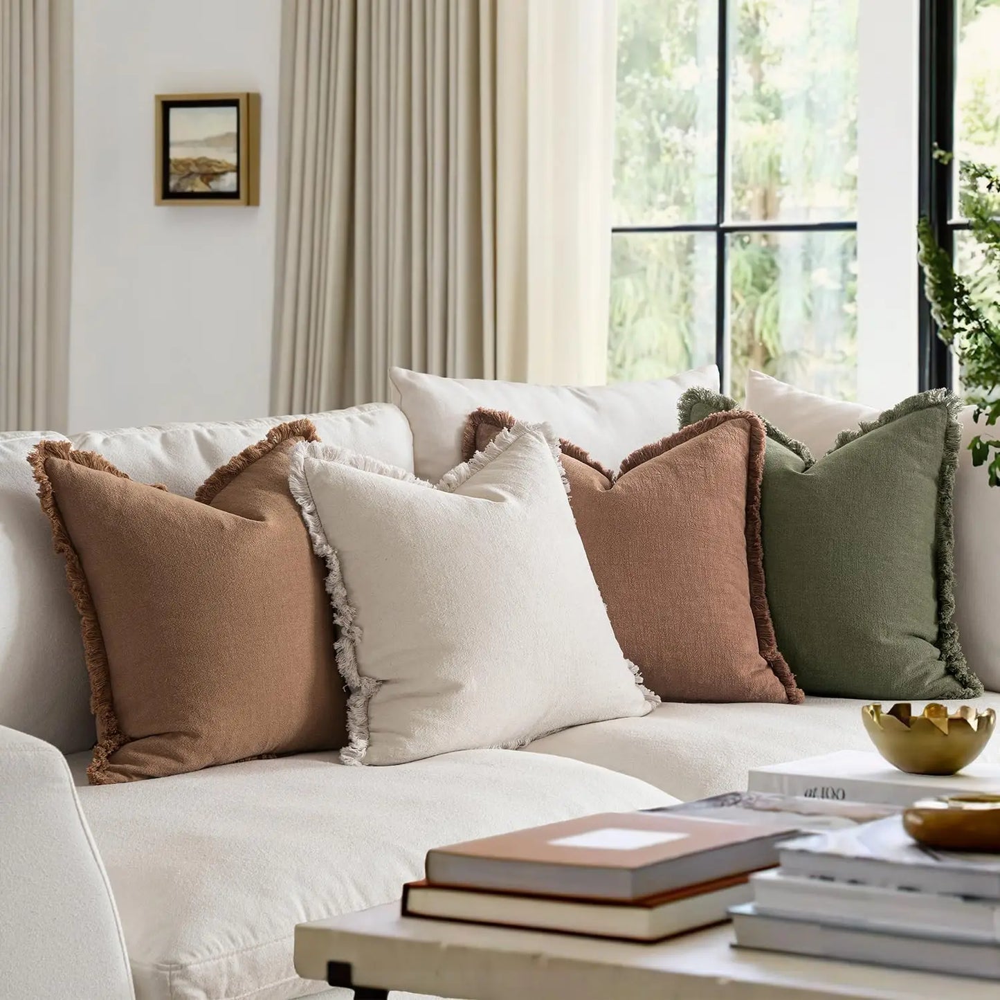 Decorative Couch Pillow Covers Neutral Linen Fringe Throw Pillows Set of 4 Soft Rustic Cushions Boho Farmhouse Pillowcases for Bed Sofa Living Room Spring Decor 18x18 Inch Beige/Brown/Green
