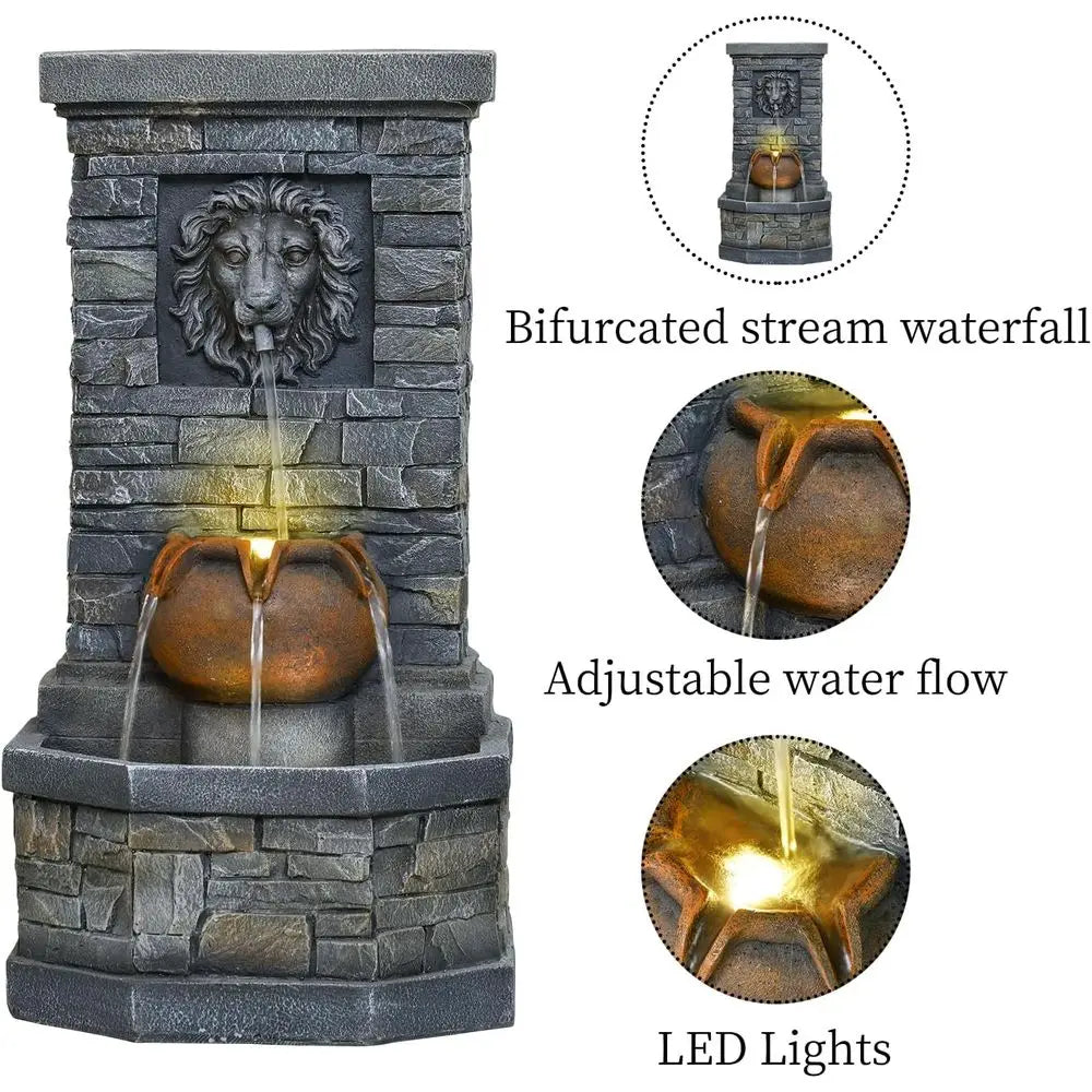 Lion Head Garden Fountain with LED Lights – Wall Mounted Stone Outdoor Water Feature for Patio & Backyard