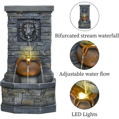 Lion Head Garden Fountain with LED Lights – Wall Mounted Stone Outdoor Water Feature for Patio & Backyard