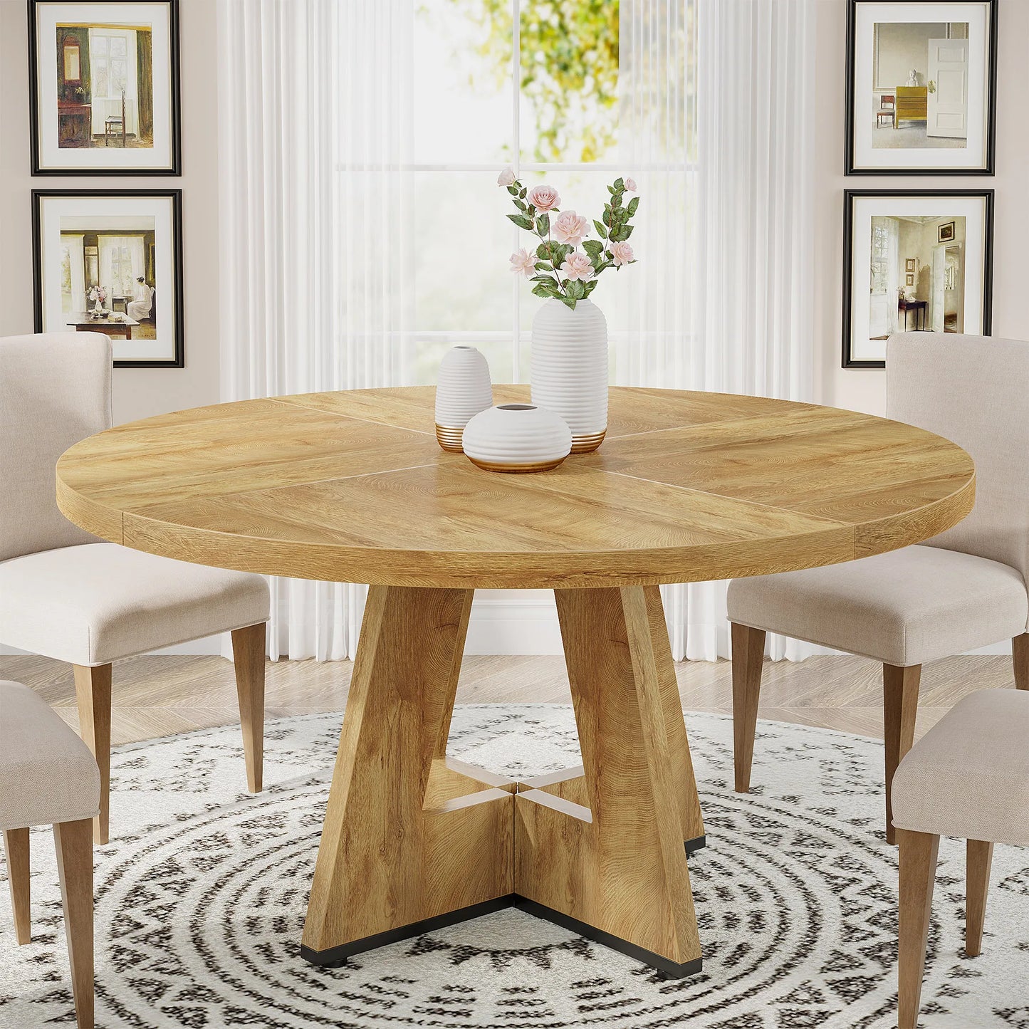 Round Farmhouse Dining Table – Rustic Kitchen Dinette Table for Small Space Dining & Everyday Meals