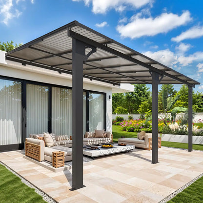 Hard Top Lean-To Gazebo Pergola – Wall-Mounted Steel Roof Patio Cover for Backyard & Outdoor Living