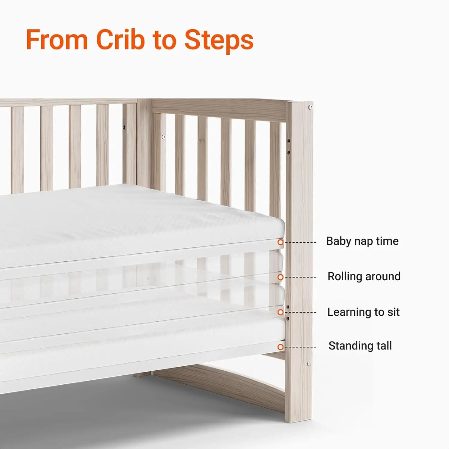 Convertible Crib with Adjustable Height – Baby Crib to Toddler Daybed Nursery Furniture