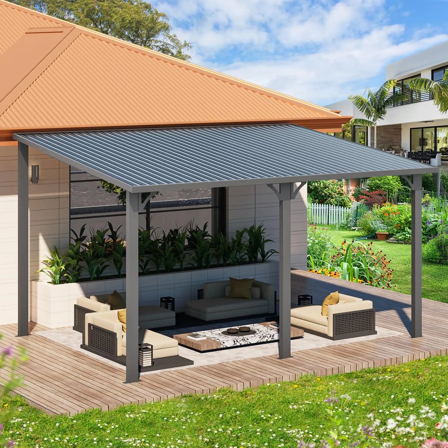 Hard Top Lean-To Gazebo Pergola – Wall-Mounted Steel Roof Patio Cover for Backyard & Outdoor Living
