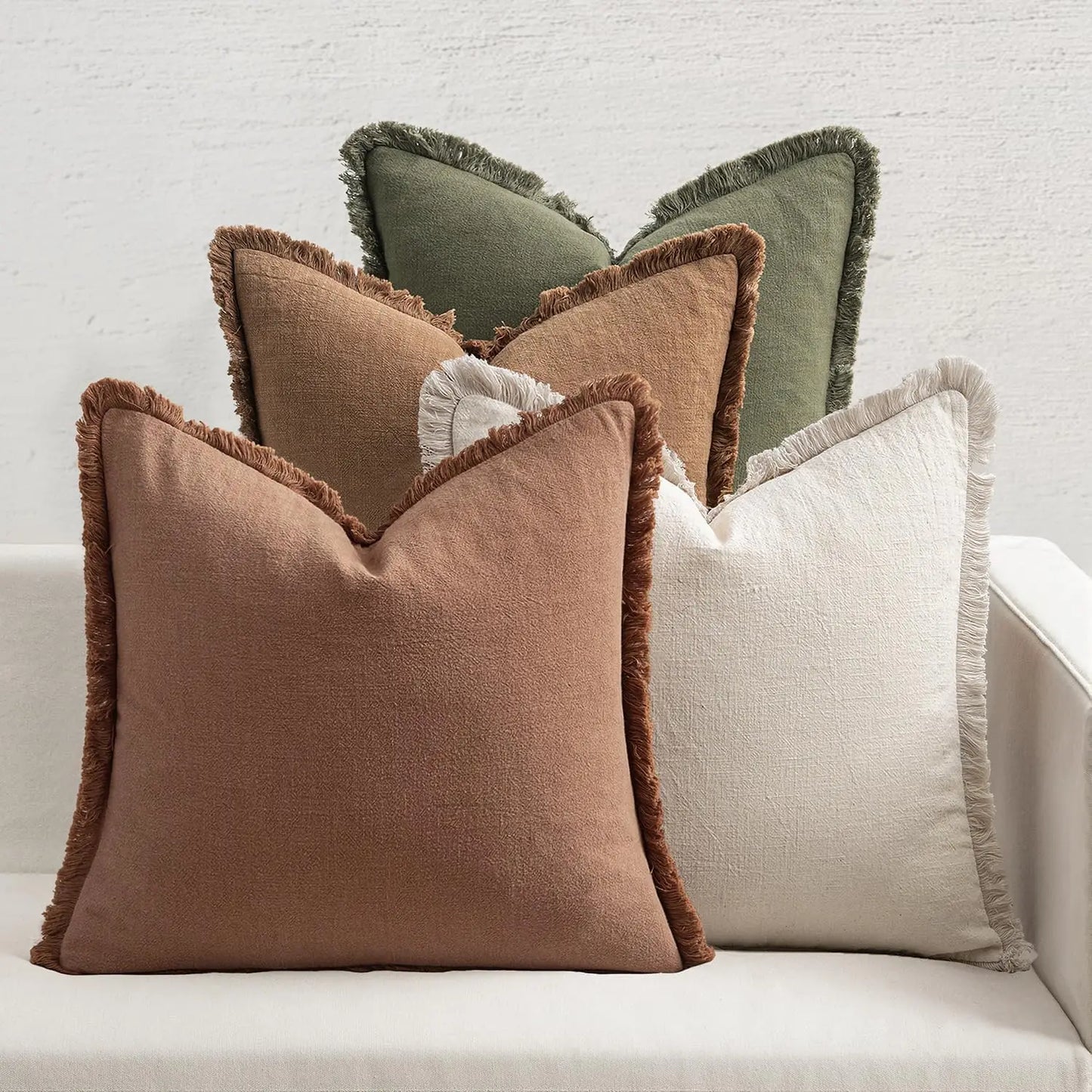 Decorative Couch Pillow Covers Neutral Linen Fringe Throw Pillows Set of 4 Soft Rustic Cushions Boho Farmhouse Pillowcases for Bed Sofa Living Room Spring Decor 18x18 Inch Beige/Brown/Green