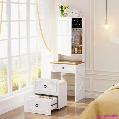 Compact Vanity Desk with Illuminated Mirror & Charging Station – Modern Makeup Table with Storage for Bedroom