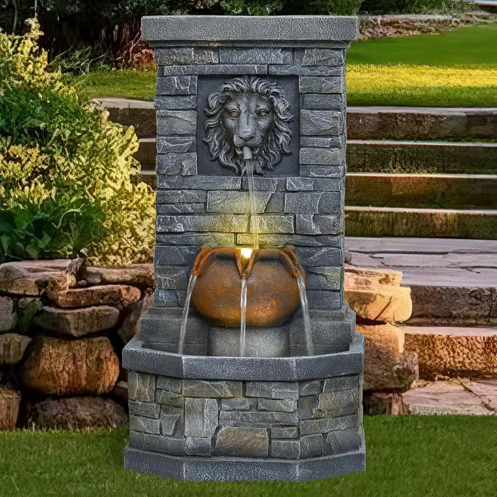 Lion Head Garden Fountain with LED Lights – Wall Mounted Stone Outdoor Water Feature for Patio & Backyard
