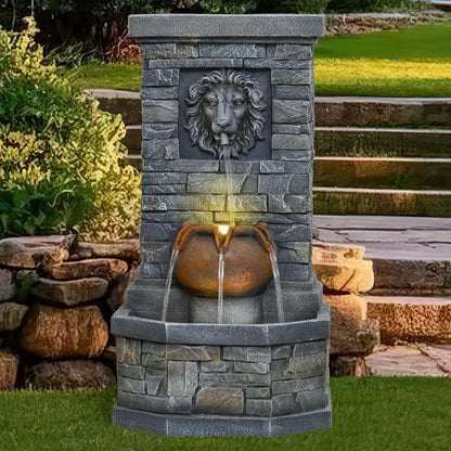 Lion Head Garden Fountain with LED Lights – Wall Mounted Stone Outdoor Water Feature for Patio & Backyard