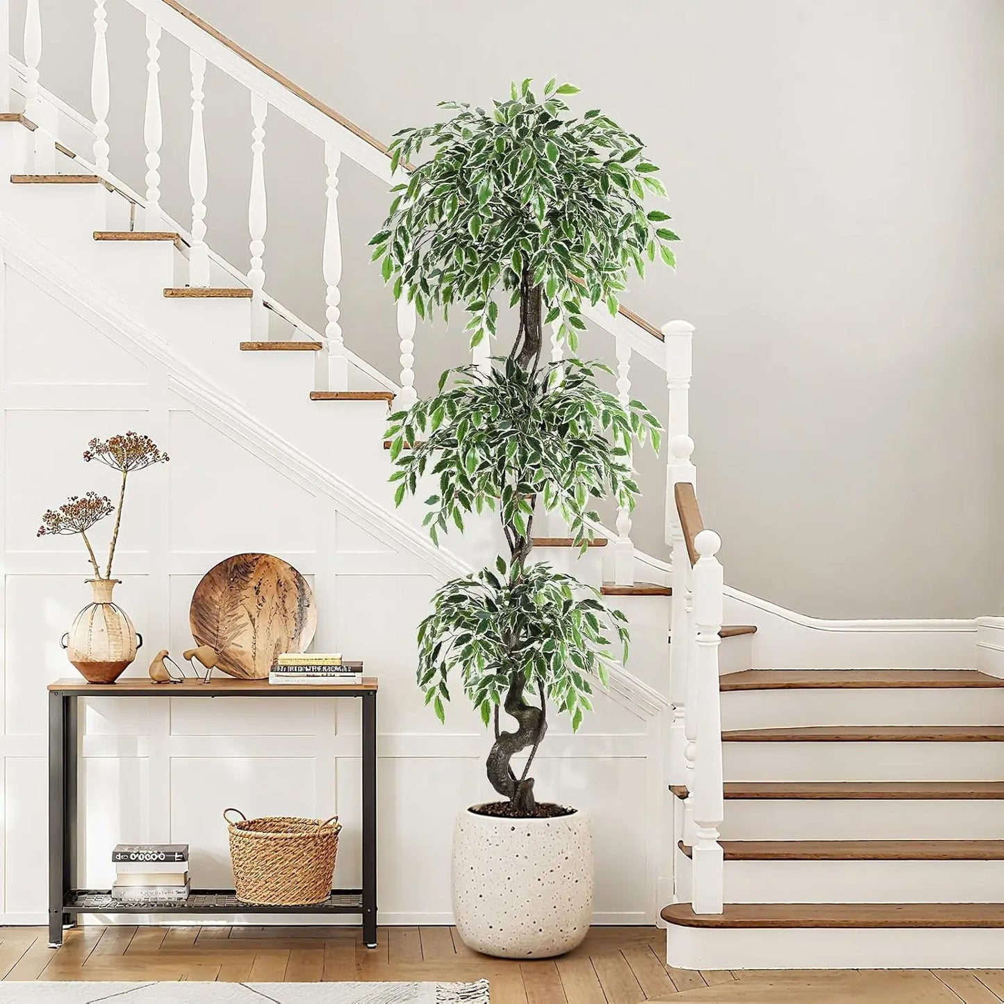 Artificial Ficus Tree – Lifelike Faux Indoor Floor Plant with White Planter and Decorative Moss