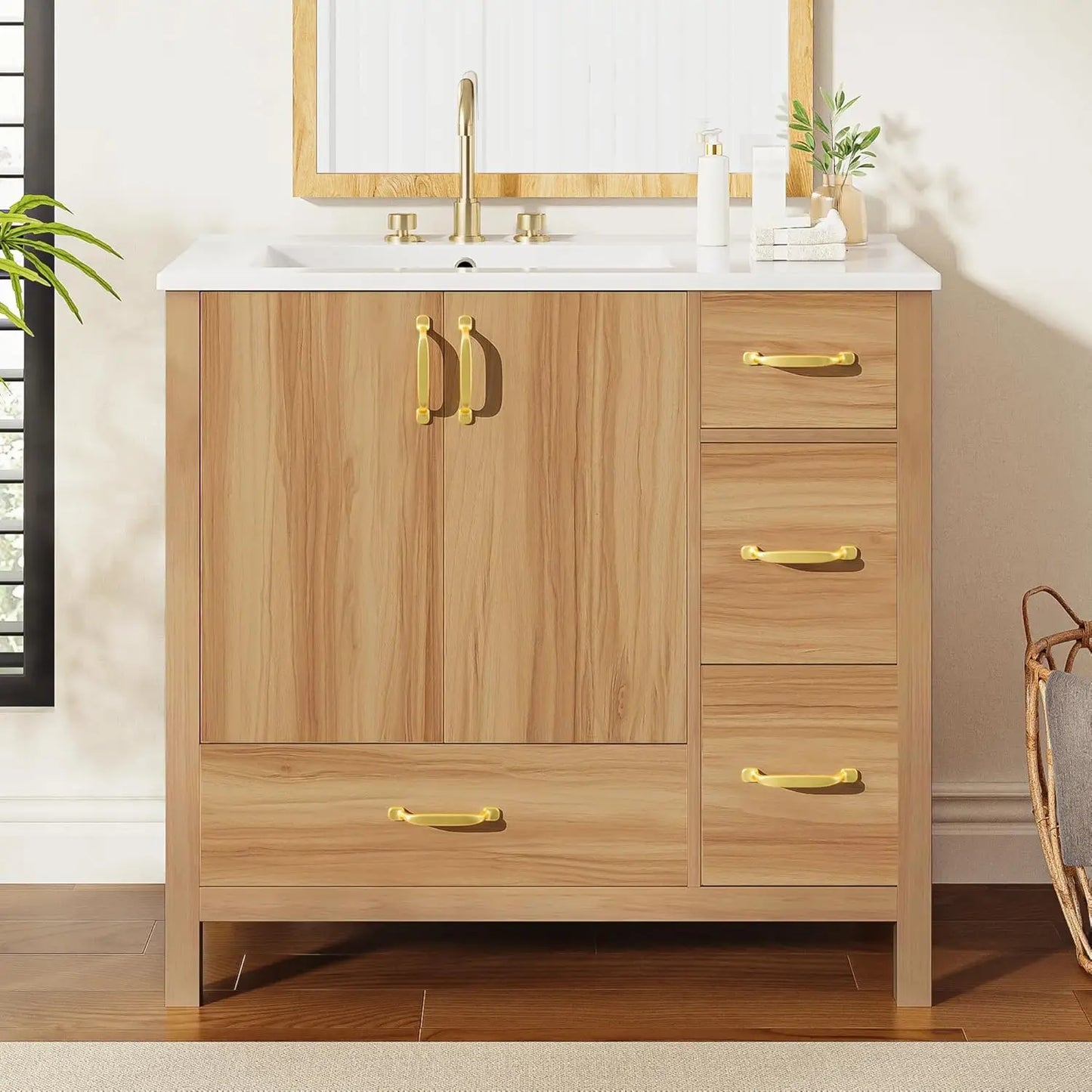 36" Bathroom Vanity with Ceramic Sink – Natural Wood Floating Style Cabinet with Modern Storage