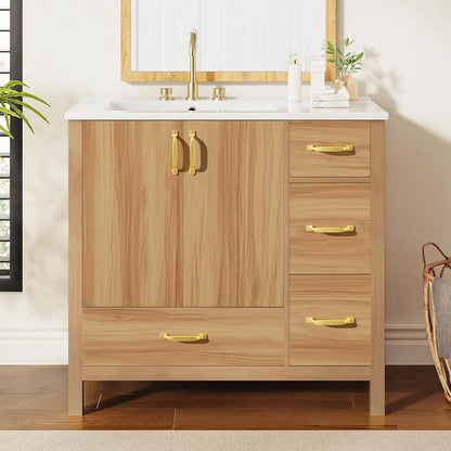 36" Bathroom Vanity with Ceramic Sink – Natural Wood Floating Style Cabinet with Modern Storage