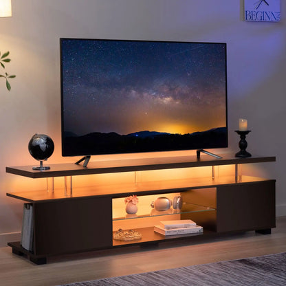 LED Gaming TV Stand – Modern Entertainment Center with Glass Shelves & Storage for Living Room or Bedroom