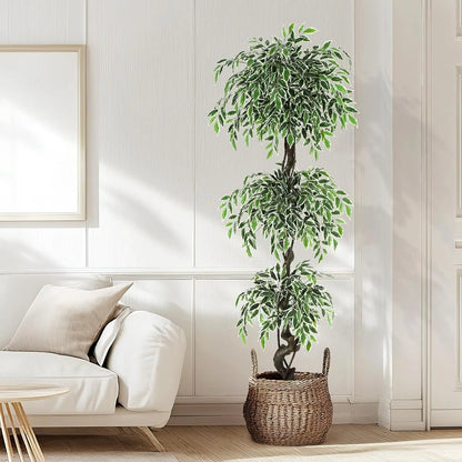 Artificial Ficus Tree – Lifelike Faux Indoor Floor Plant with White Planter and Decorative Moss