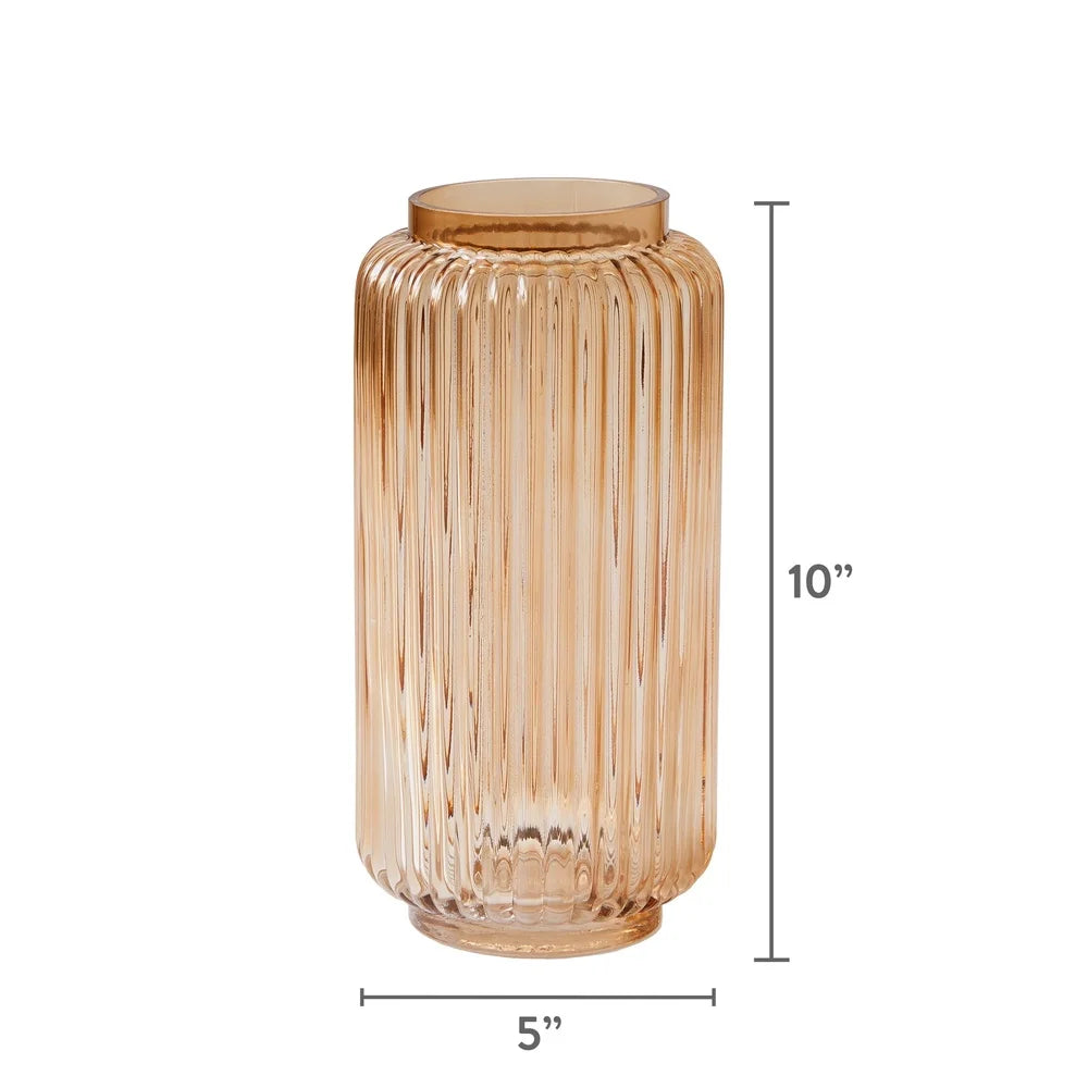 Ribbed Glass Vase Decorative Home Accent Elegant Cylinder Design 10 Inch Lightweight Washable