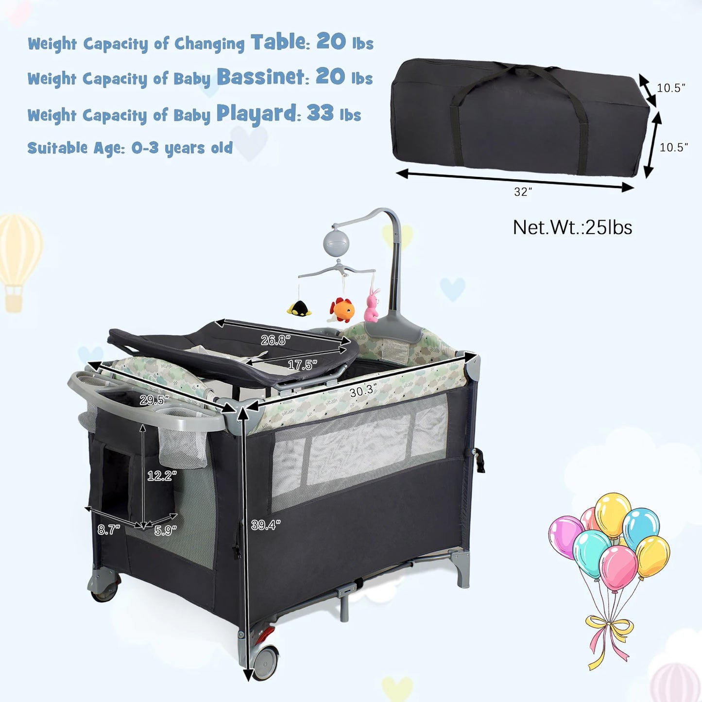 Folding Pack and Play Bassinet – Portable Baby Play yard with Travel-Friendly Design and Easy Setup