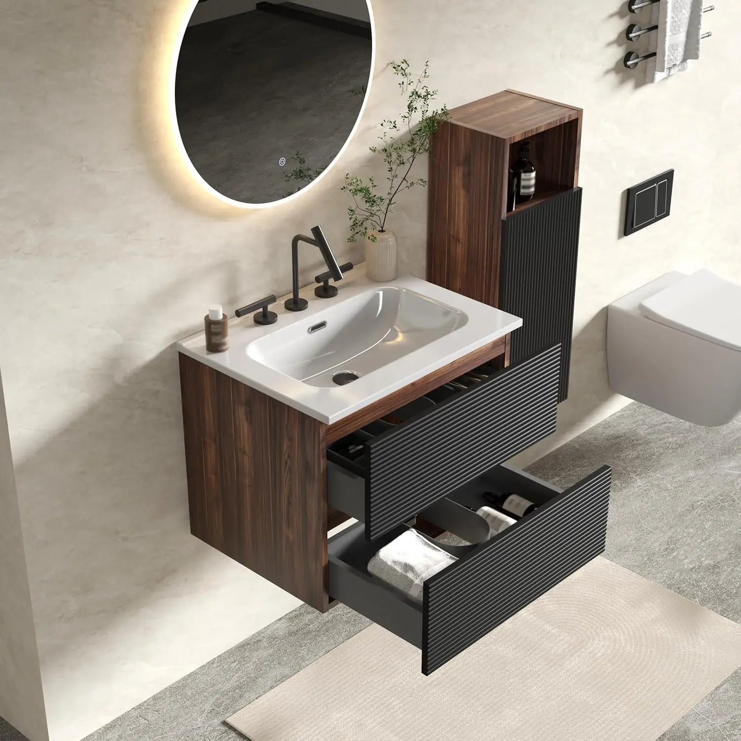 24" Wall Mount Vanity with Ceramic Sink – Modern Floating Bathroom Cabinet in Walnut & Black Finish
