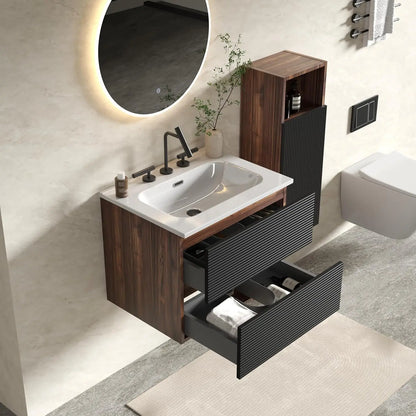 24" Wall Mount Vanity with Ceramic Sink – Modern Floating Bathroom Cabinet in Walnut & Black Finish