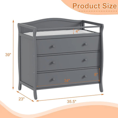 3-Drawer Wooden Baby Changing Table – Nursery Dresser with Safety Rails & Storage for Diaper Station
