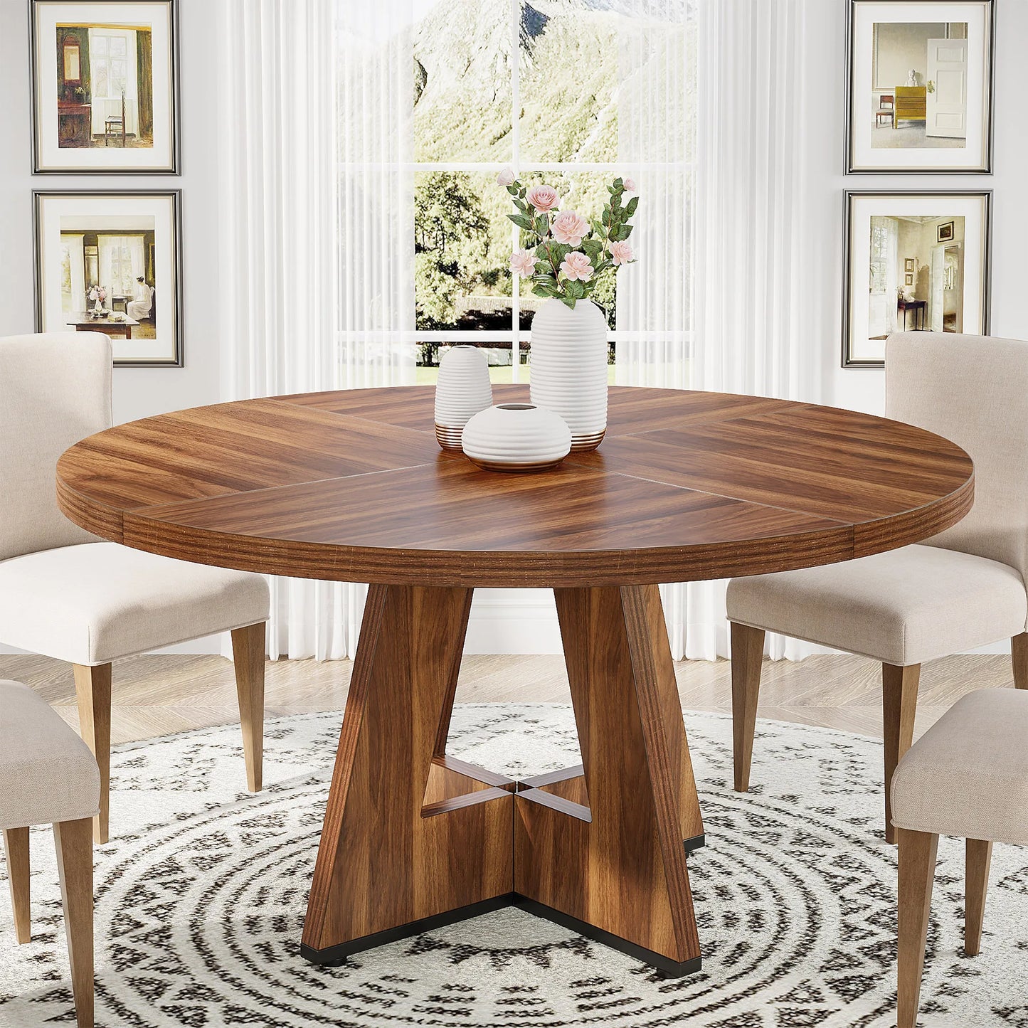 Round Farmhouse Dining Table – Rustic Kitchen Dinette Table for Small Space Dining & Everyday Meals