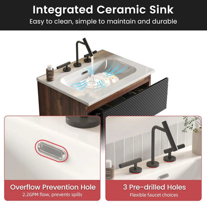24" Wall Mount Vanity with Ceramic Sink – Modern Floating Bathroom Cabinet in Walnut & Black Finish